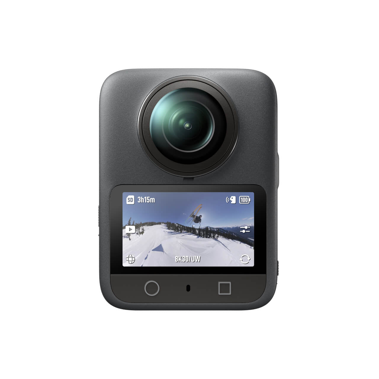 Vista frontal de DJI Osmo 360 con pantalla y cámara diseñada para grabación de video 360 en 8K