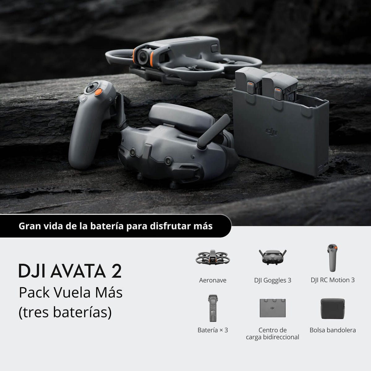 DJI Avata 2 Fly More Combo con tres baterías y accesorios de vuelo