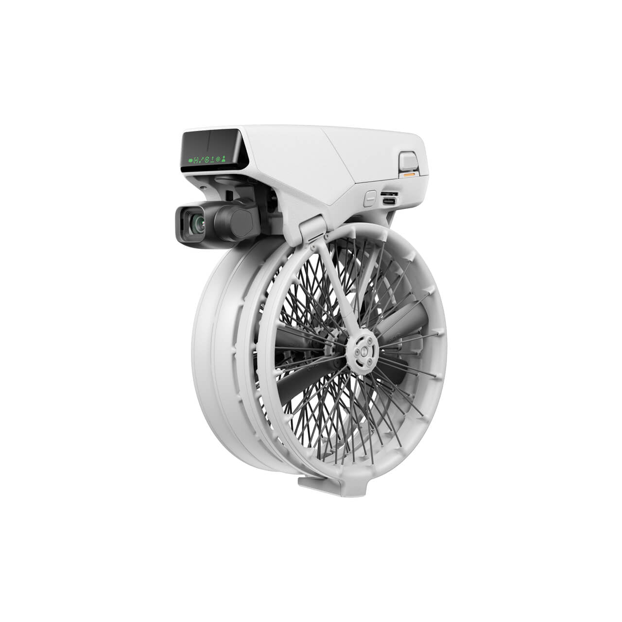DJI Flip plegado con diseño portátil y protectores de hélices integrales para transportarlo fácilmente