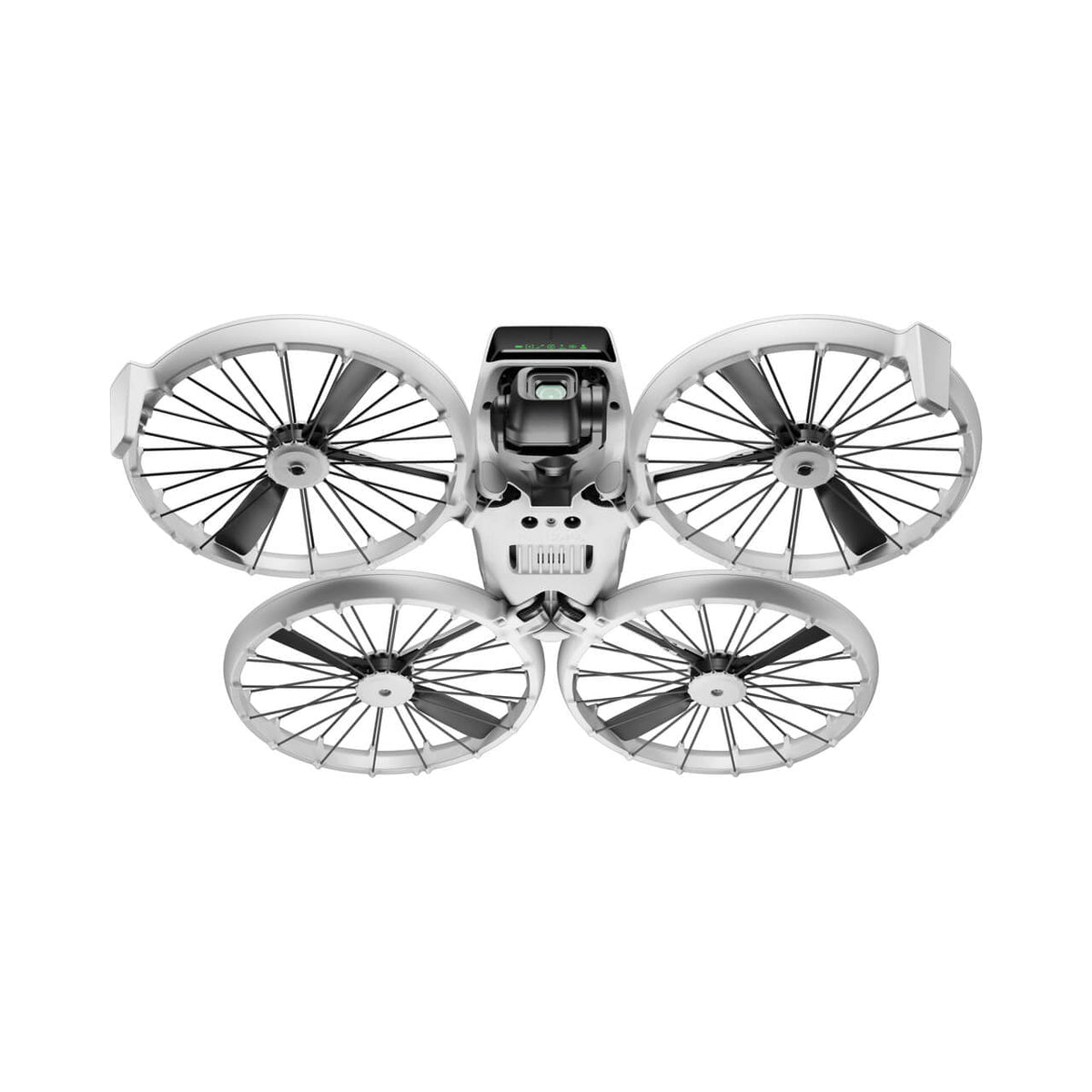 Vista frontal del DJI Flip con protectores de hélices integrales y diseño compacto