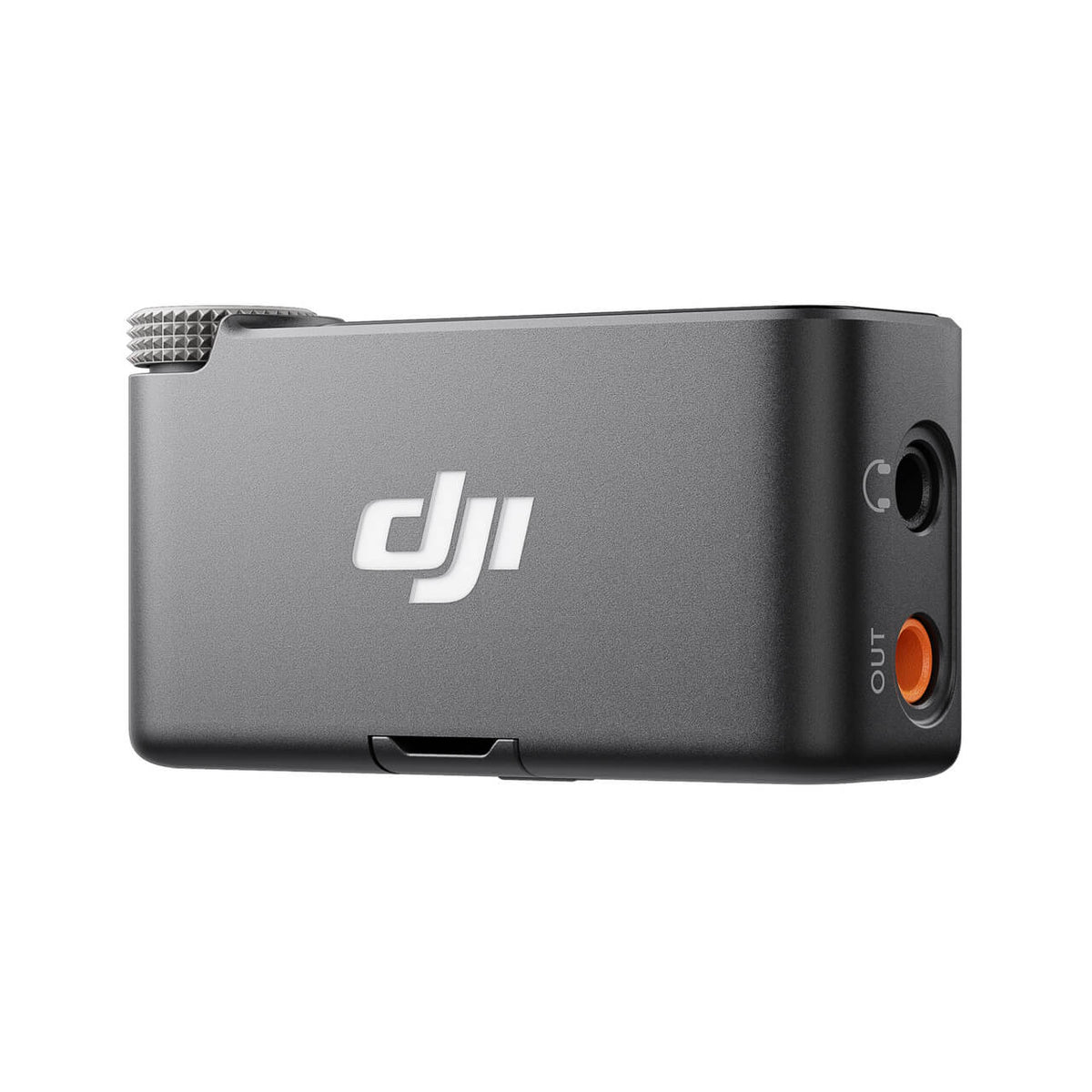 Vista lateral del receptor DJI Mic 2 para controlar la grabación de audio inalámbrico