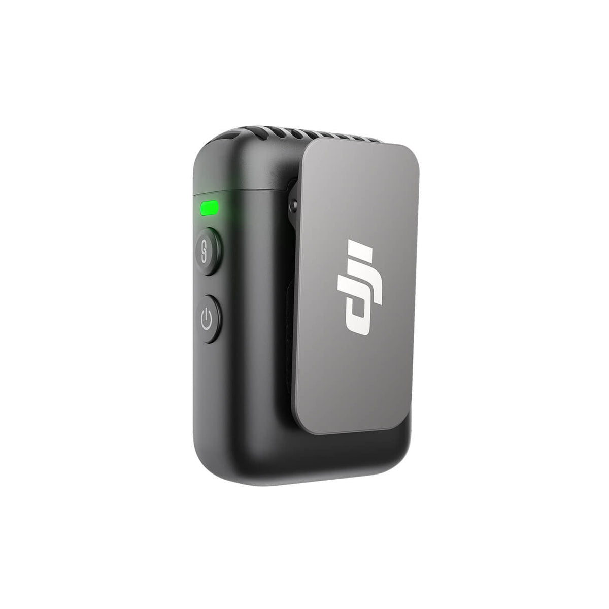 Vista lateral del transmisor DJI Mic 2 con diseño compacto para grabación de audio