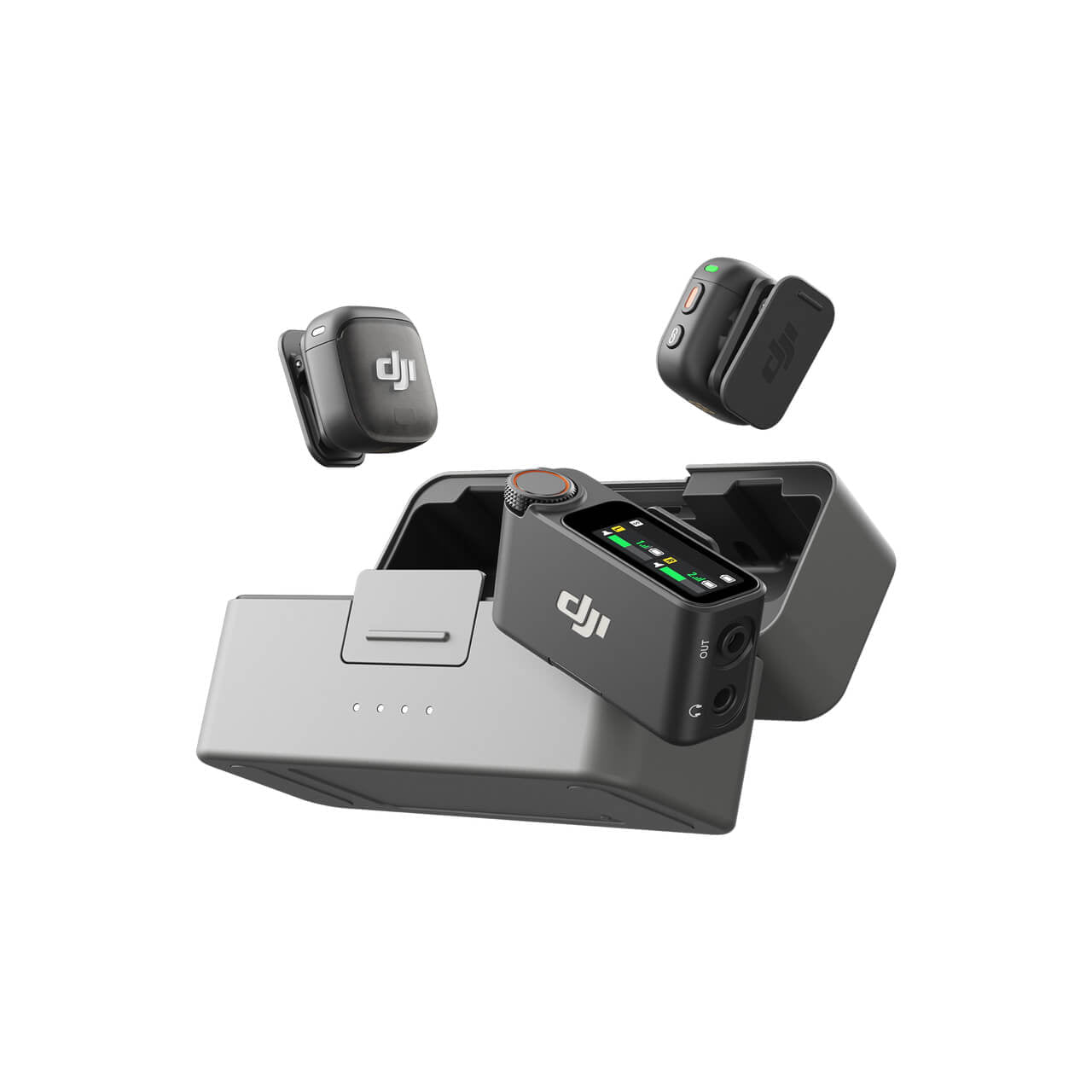 DJI Mic 3 con estuche de carga abierto para organizar transmisores y receptor