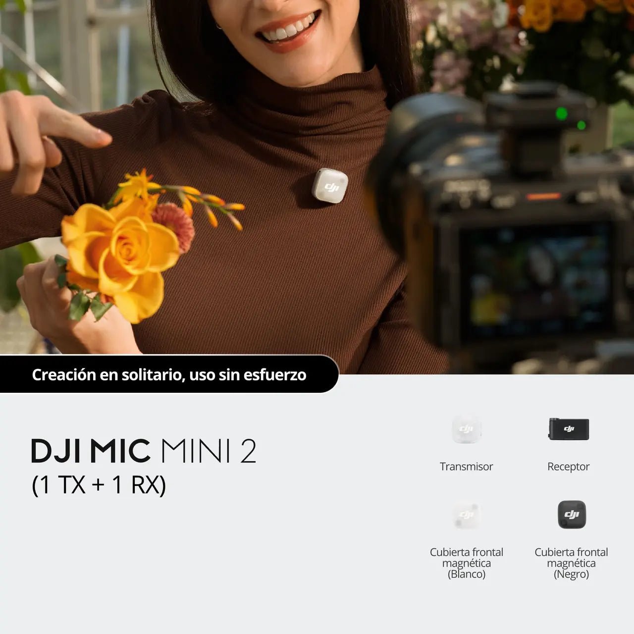 DJI Mic Mini 2 con un transmisor y un receptor para grabar voz y contenido con audio inalámbrico