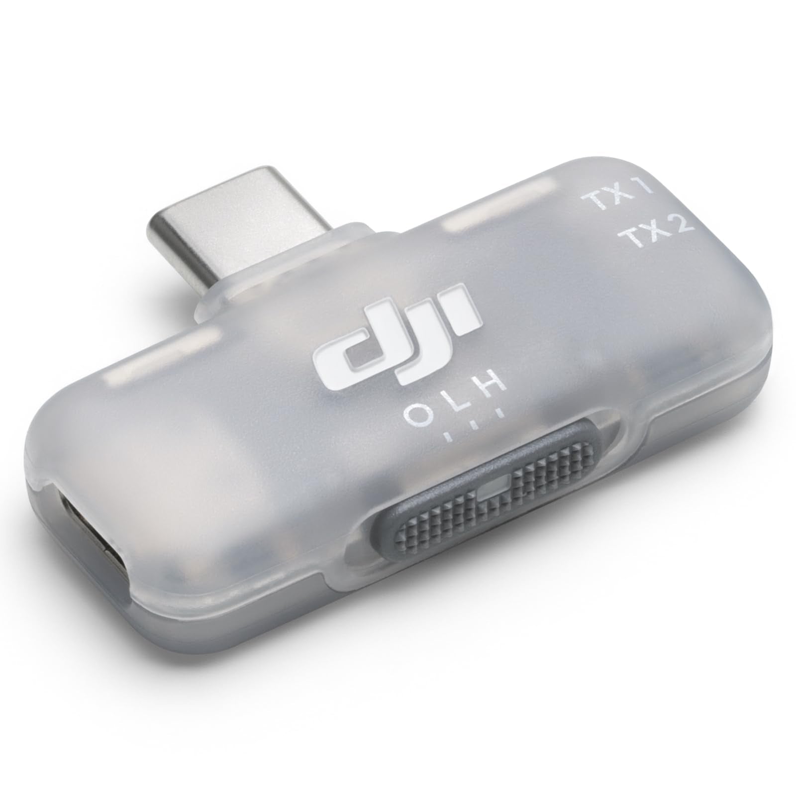 Vista lateral del receptor móvil de la Serie DJI Mic para conectar micrófonos inalámbricos a dispositivos móviles