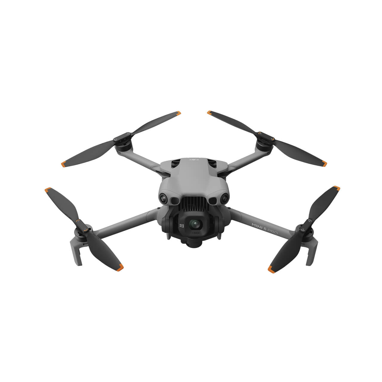 Vista frontal del DJI Mini 5 Pro, drone compacto con cámara para fotografía y video aéreo