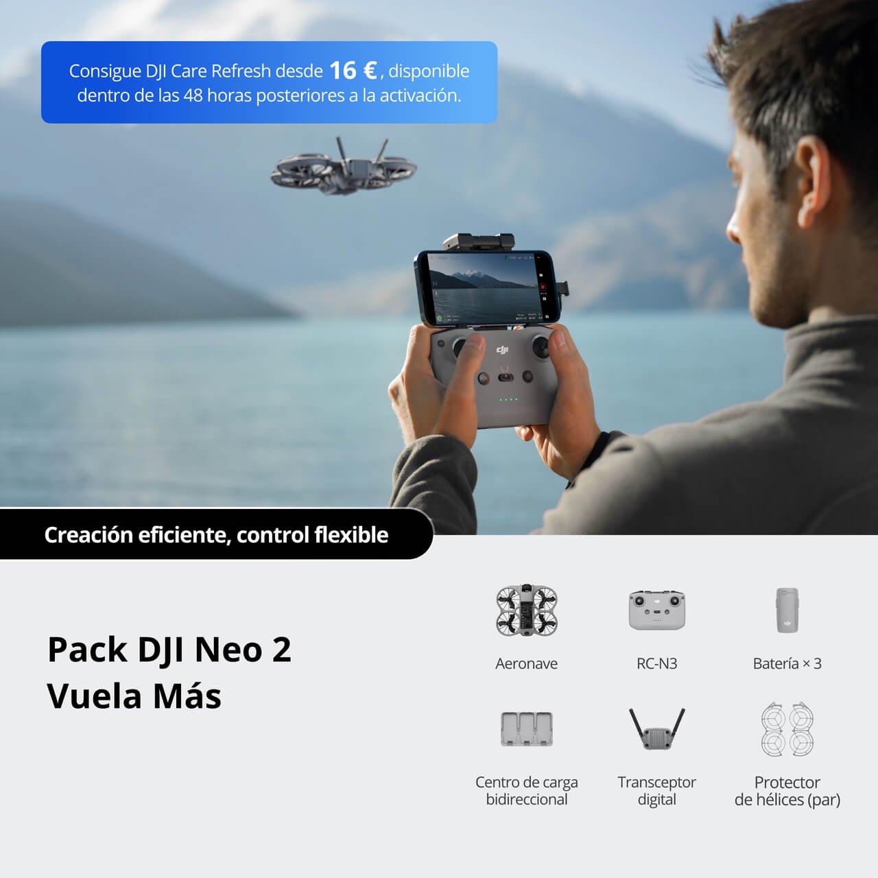 DJI Neo 2 Fly More Combo con accesorios para ampliar las posibilidades de vuelo y grabación
