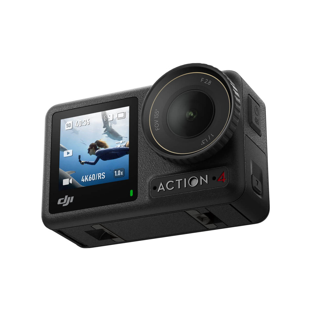 Vista lateral de DJI Osmo Action 4 con diseño compacto y resistente para actividades al aire libre