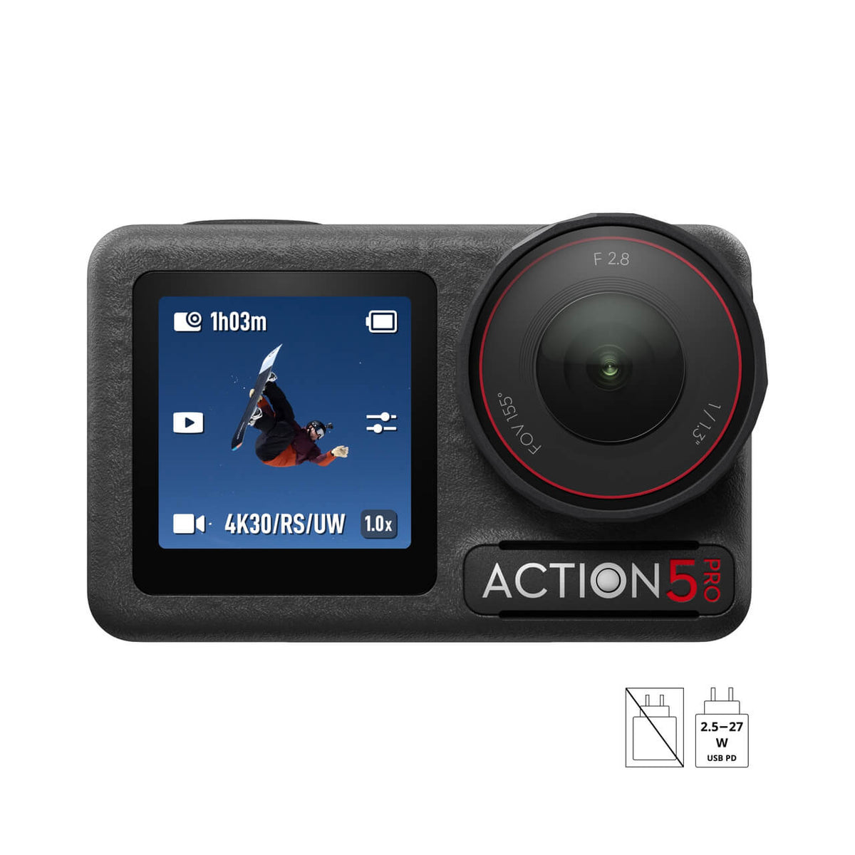 Vista frontal de DJI Osmo Action 5 Pro con pantalla y lente para fotografía y video de acción