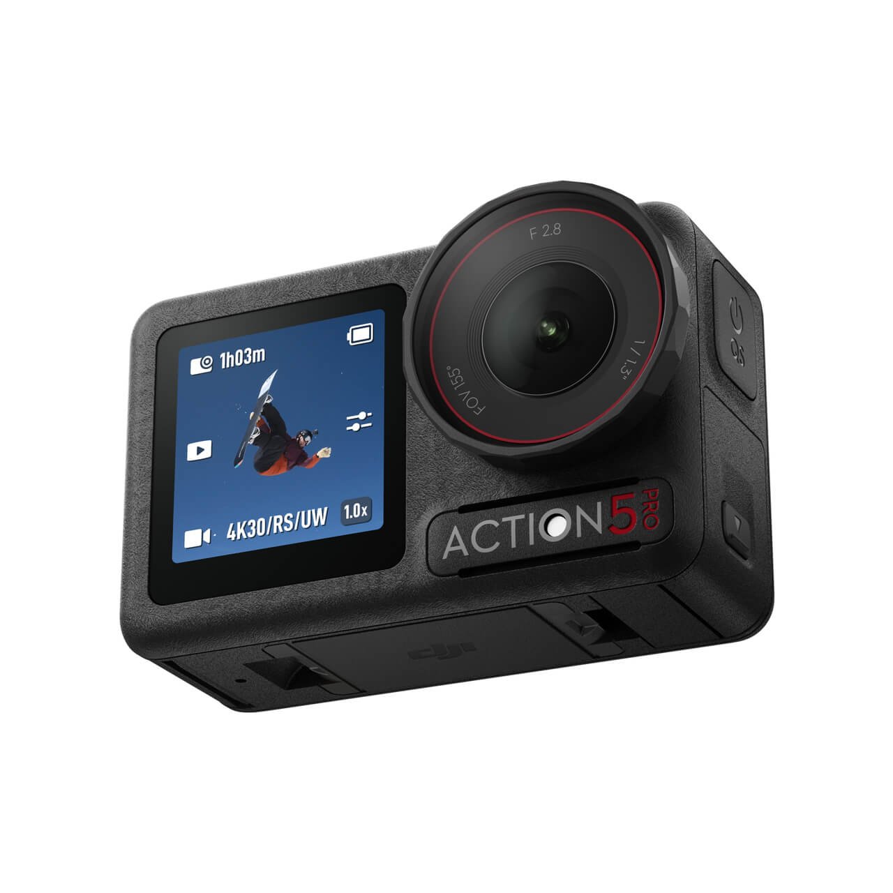 Vista lateral de DJI Osmo Action 5 Pro con diseño compacto para deportes, viajes y aventuras