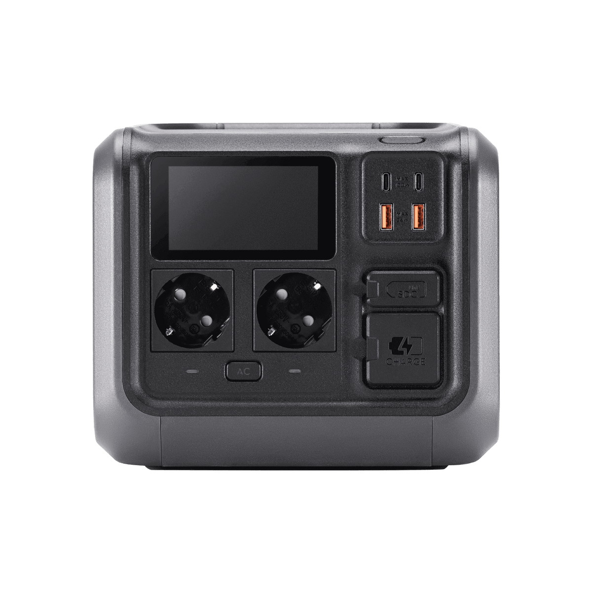Vista frontal de DJI Power 1000 V2 con múltiples puertos para cargar dispositivos y equipos electrónicos