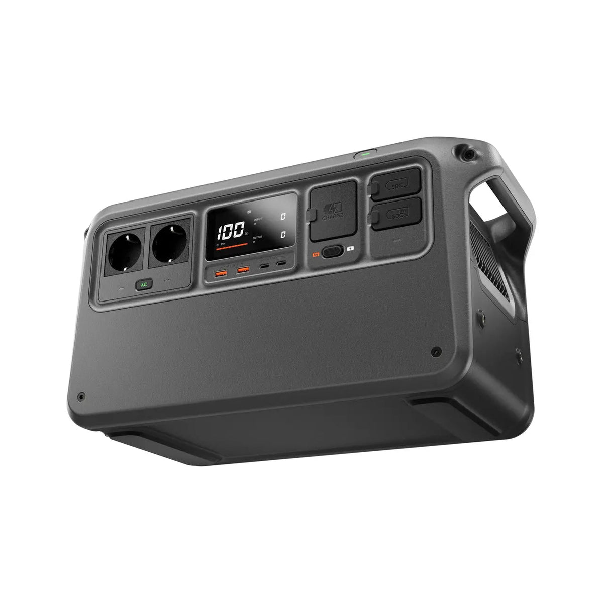 Vista lateral de DJI Power 1000 V2, estación de energía portátil diseñada para viajes y uso exterior