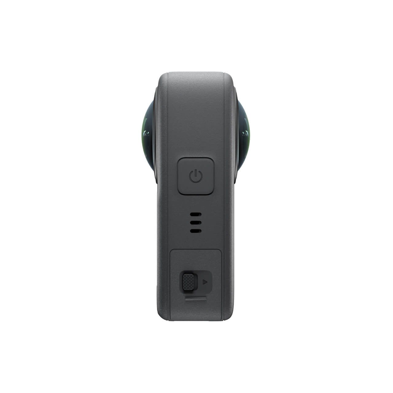 Vista lateral de DJI Osmo 360 con diseño compacto y portátil para viajes y creación de contenido