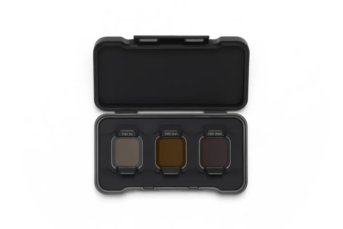 Filtros ND16, ND64 y ND256 para DJI Flip organizados en un estuche compacto para protegerlos y transportarlos