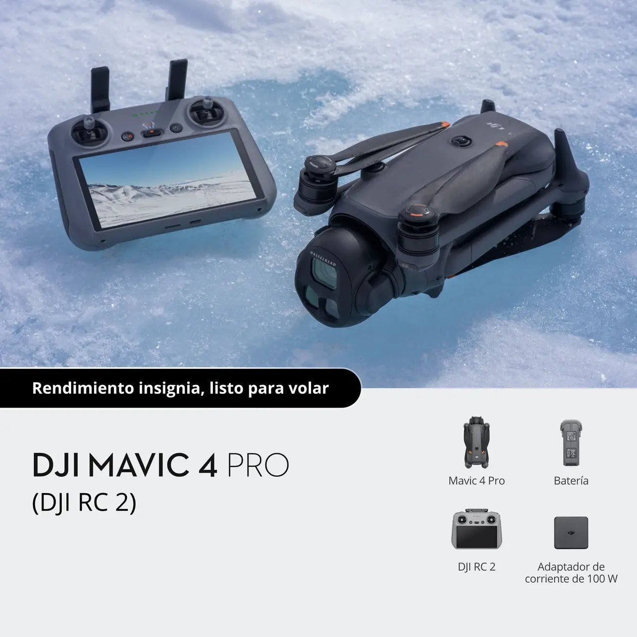 DJI Mavic 4 Pro con control DJI RC 2, batería y adaptador de corriente para fotografía y video aéreo