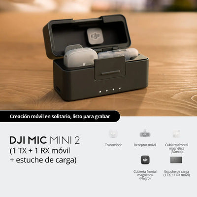 DJI Mic 2 con estuche para cargar y organizar los componentes del sistema inalámbrico