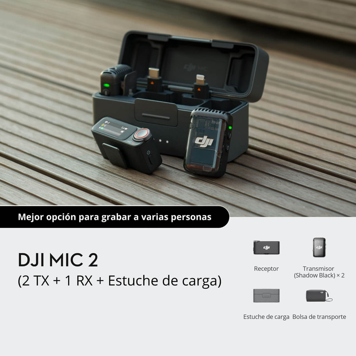 DJI Mic 2 con dos transmisores, un receptor y estuche de carga para grabación inalámbrica