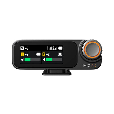 Receptor DJI Mic 2 con pantalla para controlar niveles y ajustes durante la grabación