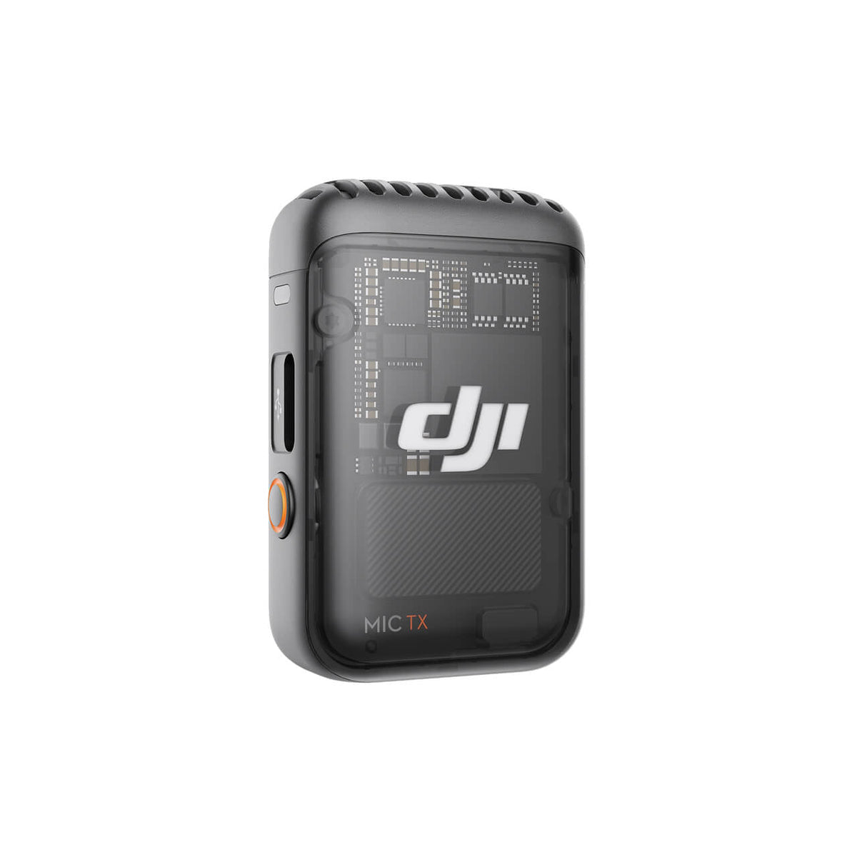 Vista trasera del transmisor DJI Mic 2 con diseño portátil para creadores de contenido