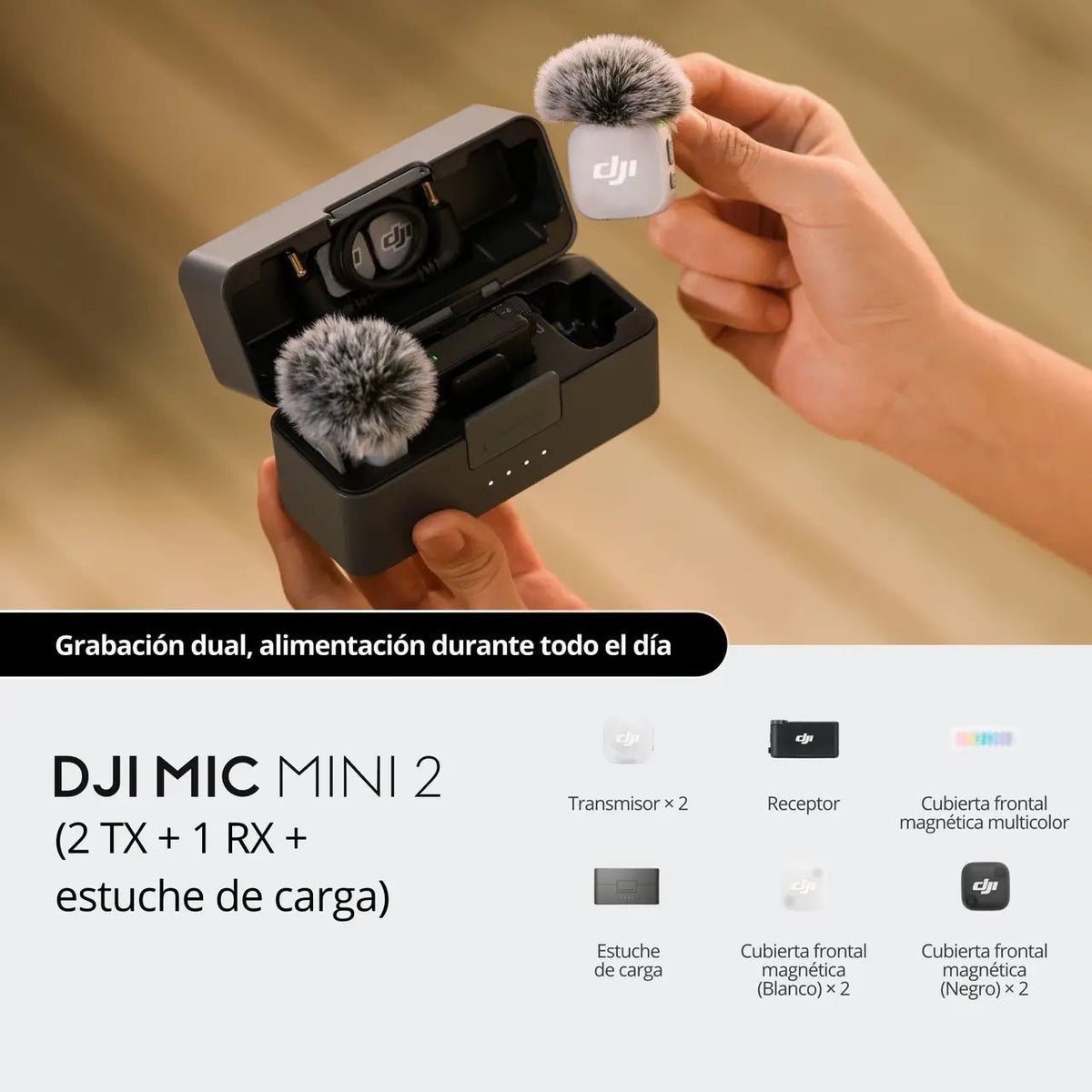 DJI Mic Mini 2 con dos transmisores, un receptor y estuche de carga para entrevistas y creación de contenido