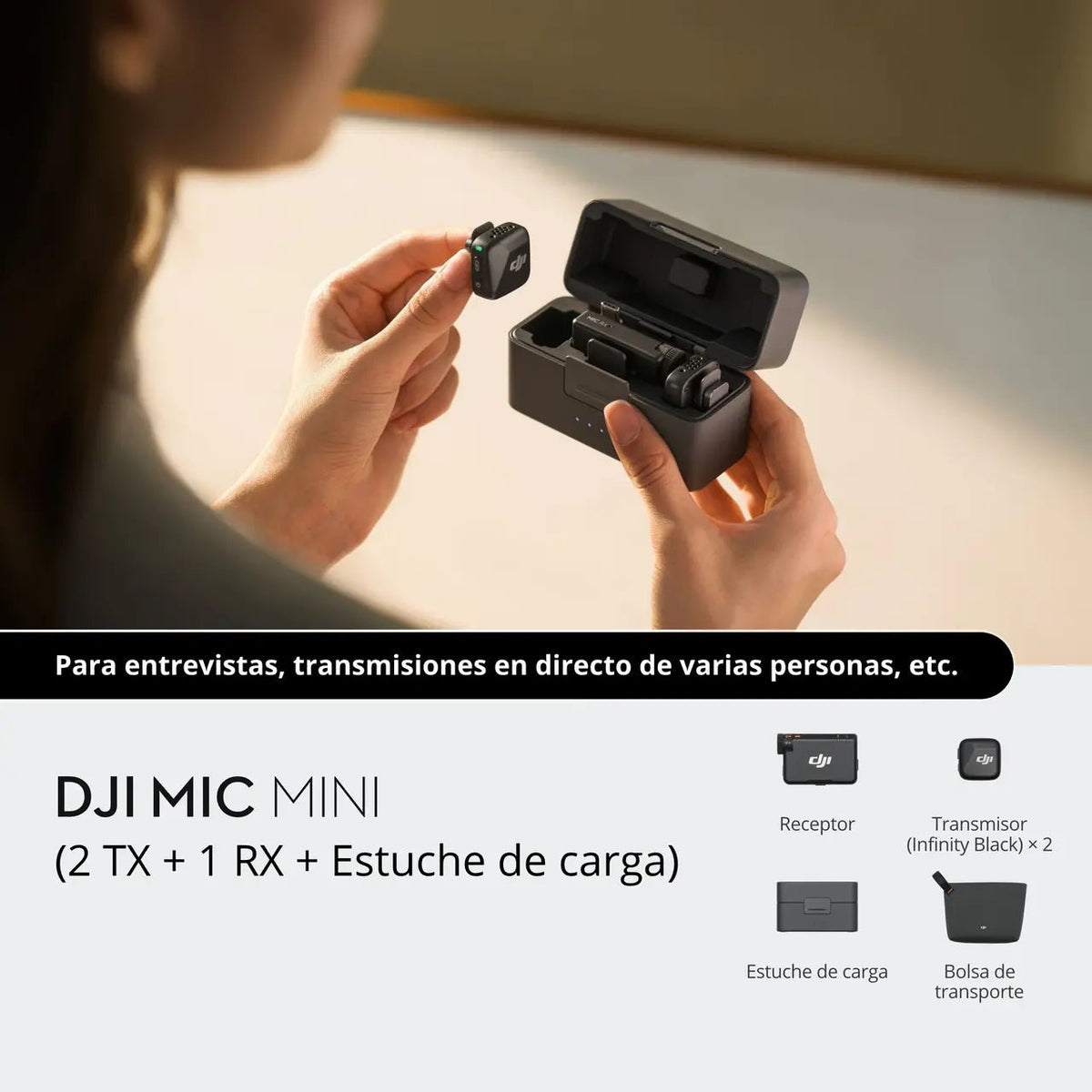 DJI Mic Mini con dos transmisores, un receptor y estuche de carga para entrevistas y creación de contenido