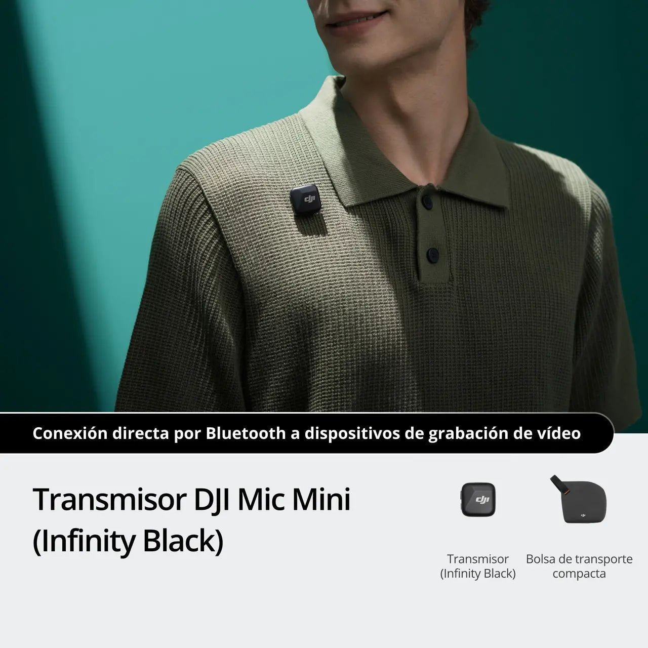 Transmisor DJI Mic Mini con clip para sujetarlo fácilmente a la ropa durante entrevistas y grabaciones