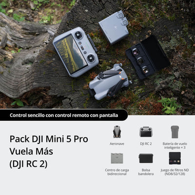 Kit DJI Mini 5 Pro con control remoto, baterías, cargador y accesorios para vuelos prolongados