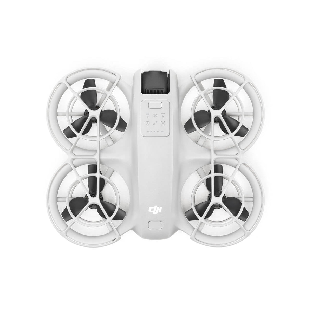 Vista superior del DJI Neo con diseño compacto, ligero y protectores de hélices integrados