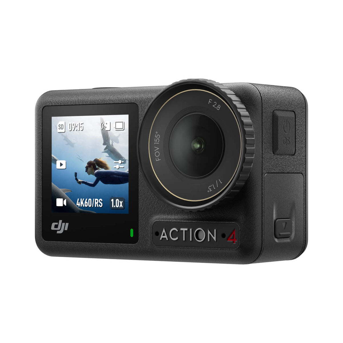 Vista frontal de DJI Osmo Action 4, cámara de acción compacta para grabar deportes y aventuras