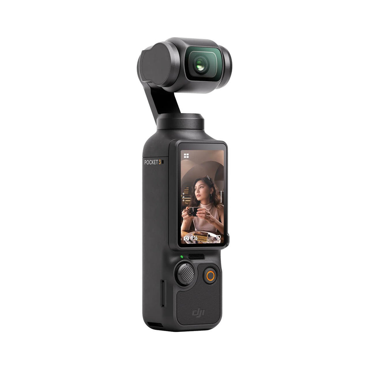 Vista frontal de DJI Osmo Pocket 3 con cámara 4K y pantalla giratoria de 2 pulgadas